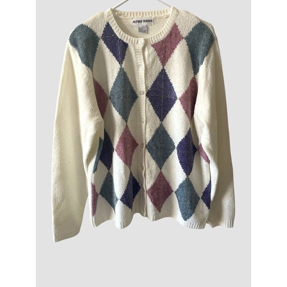 Alfred Dunner Sweaters - Alfred Dunner Chenille Cardigan Sweater Size Large Granny White Argyle Vtg